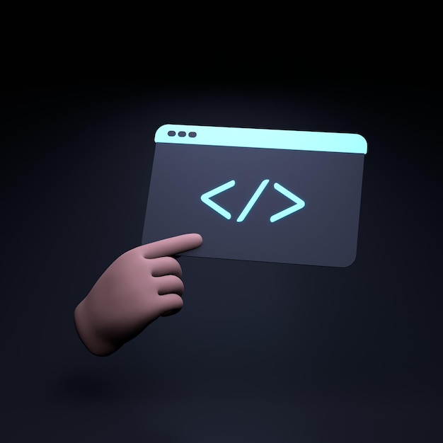 The hand holds the code element Concept of programming 3d render illustration