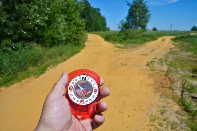 The hand holds the compass