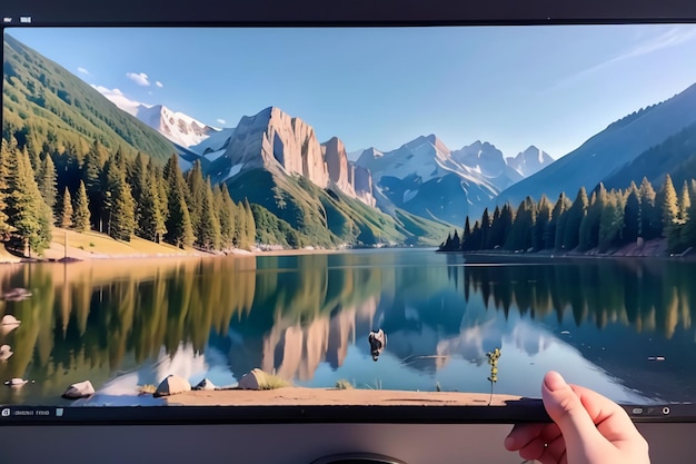 A hand holds a computer screen with mountains in the background.