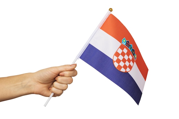 Hand holds Croatian flag isolated on white background, template for designers