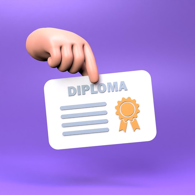 The hand holds a diploma 3D render illustration