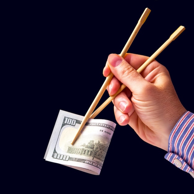 Hand holds dollars with bamboo chopsticks on a dark background financial industry in food cash spending concept