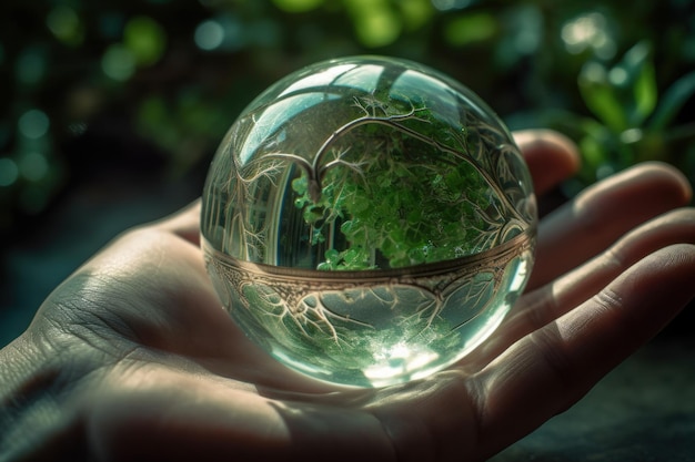 A hand holds a glass ball with a tree on it.