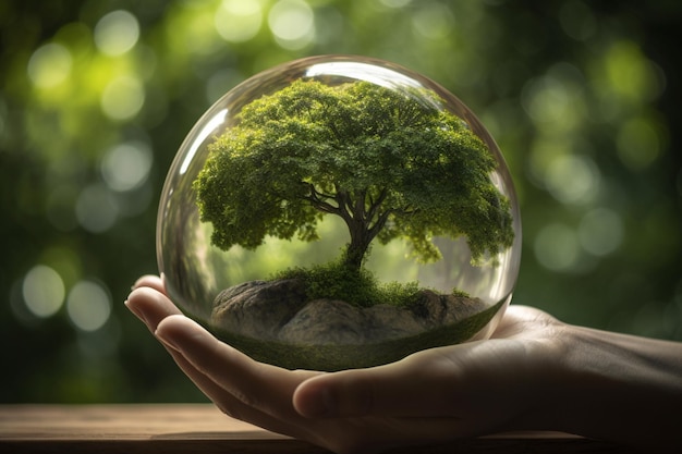 A hand holds a glass globe with a tree inside.