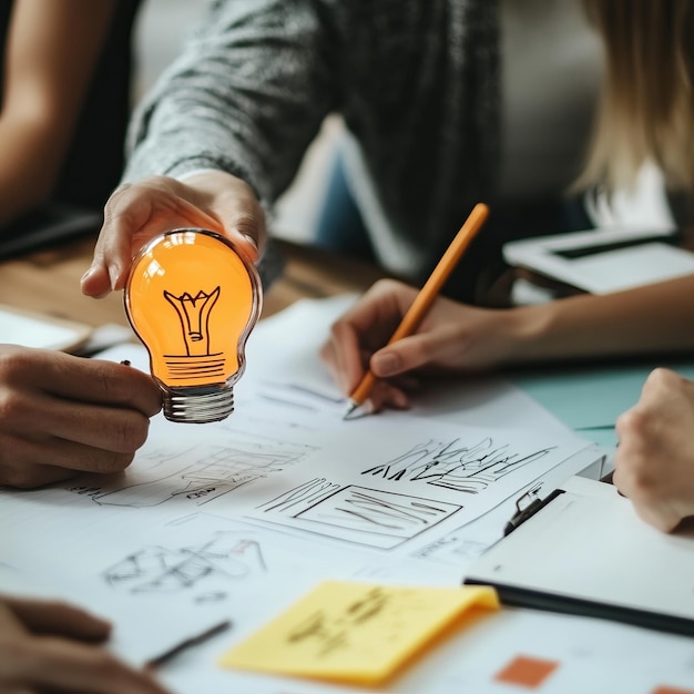 Photo a hand holds a glowing light bulb over a piece of paper with drawings and sticky notes symbolizing new ideas