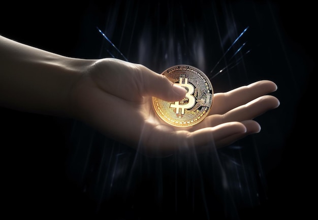 A hand holds a gold bitcoin with the word crypto currency on it genarative ai