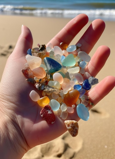 A hand holds a handful of broken sea glass.