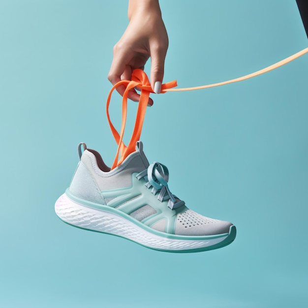 Hand holds hanging gray running sneakers by the lace