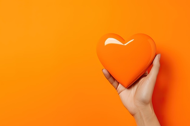 hand holds a heart love shape on an orange background with copy space