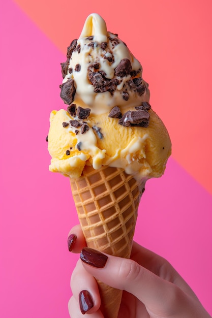 a hand holds an ice cream cone with chocolate chips on it