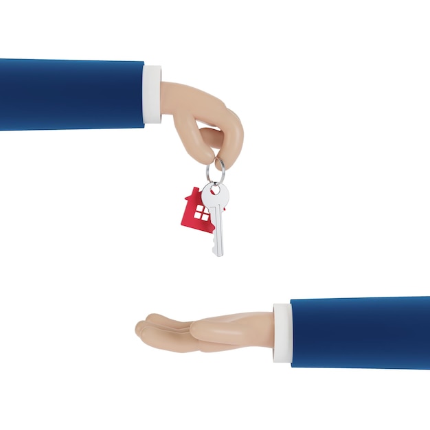 Hand holds a key with a keychain. Template for the purchase or rental of housing. 3D illustration.