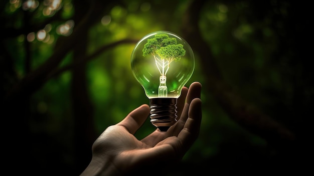 A hand holds a light bulb with a tree inside it.