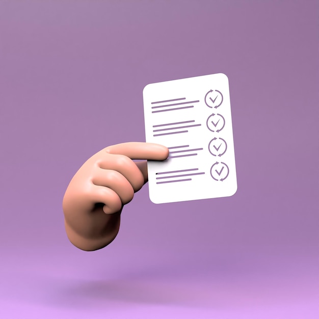 The hand holds a list with marks 3d render illustration