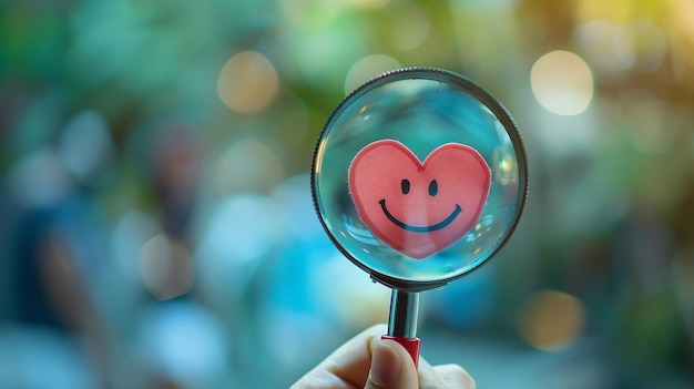 Photo a hand holds a magnifying glass over a smile face with a heart symbolizing the searc generative ai