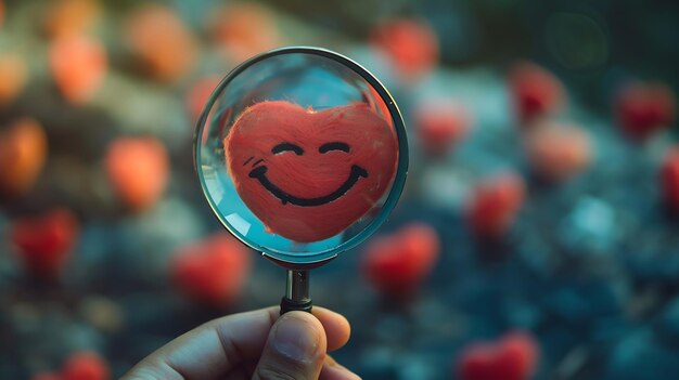 Photo a hand holds a magnifying glass over a smile face with a heart symbolizing the searc generative ai