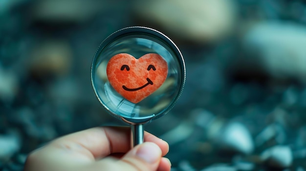 Photo a hand holds a magnifying glass over a smile face with a heart symbolizing the searc generative ai