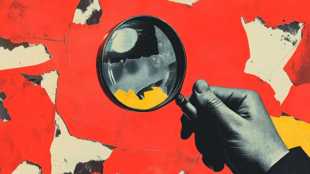 Photo a hand holds a magnifying glass over a yellow piece of paper on a red and white background