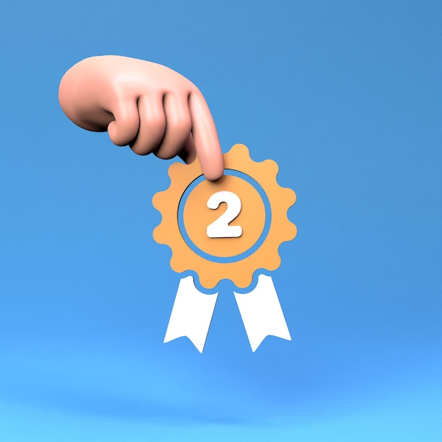 A hand holds a medal for second place with a ribbon 3D render illustration