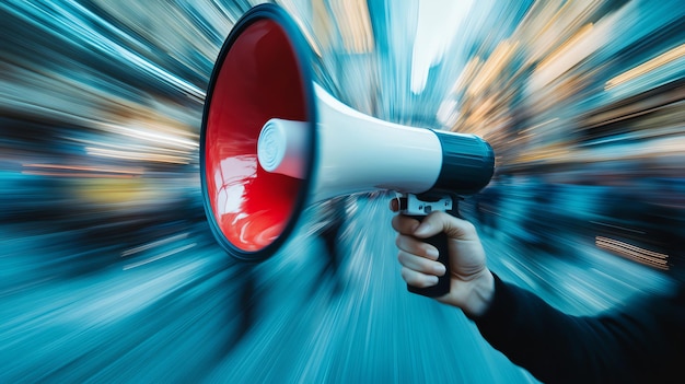 Photo a hand holds a megaphone in a blurred city background conveying speed and urgency