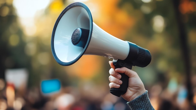 Photo a hand holds a megaphone in a crowd of people