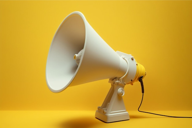 Hand holds a megaphone from a hole in the wall on a yellow background Concept of hiring advertising something Banner