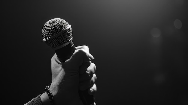 Hand holds microphone poised for an impactful performance