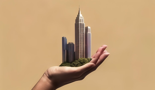 a hand holds a model of a building made of paper