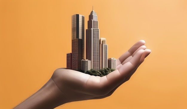 a hand holds a model of a city in front of an orange background