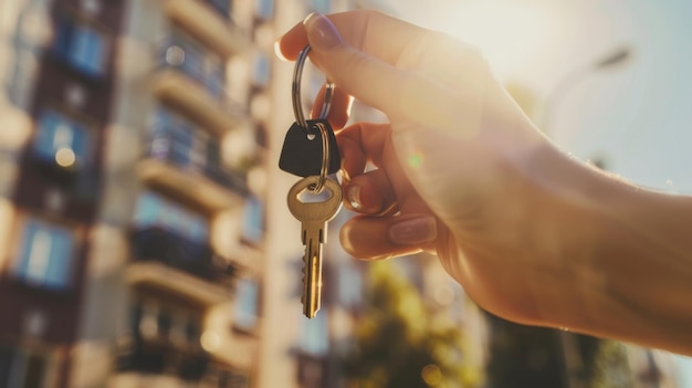 Photo a hand holds out a set of keys against a backdrop of sunny urban apartment buildings symbolizing a new home or real estate acquisition