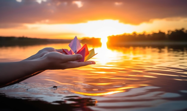 A hand holds a paper boat in the water at sunset.