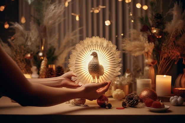 Hand Holds Paper Turkey in Christmas Setting