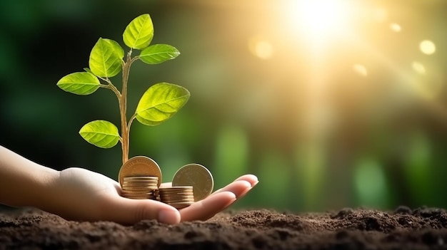 A hand holds a pile of coins with a plant growing out of it.