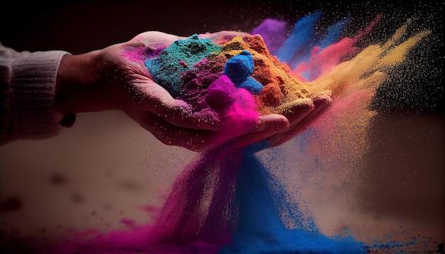 A hand holds a pile of powdered colors in the air