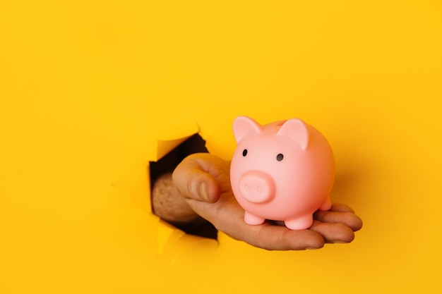 Hand holds a pink piggy bank through a hole in yellow background