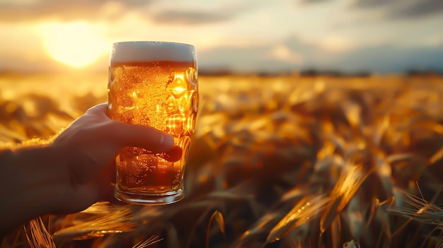 A hand holds a pint of beer against the background of a field