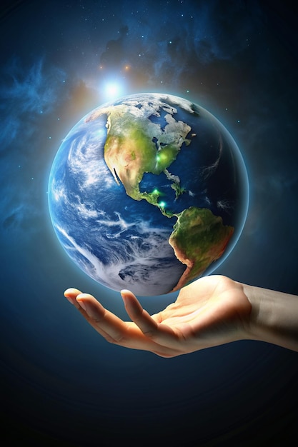 a hand holds a planet with the earth in the background