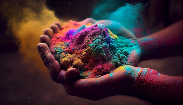 A hand holds a powder of colors in the palm of a hand