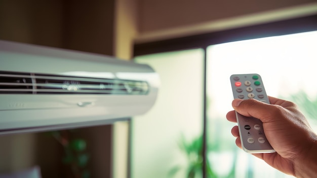 Hand holds the remote control to turn on the air conditioner Generative AI