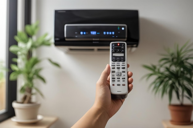 Hand holds the remote control to turn on the air conditioner