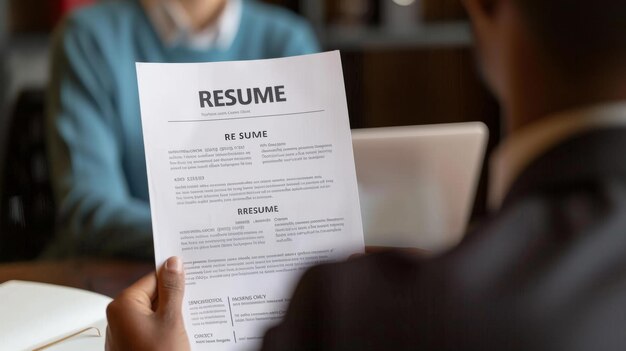 Photo a hand holds a resume across a desk during a job interview