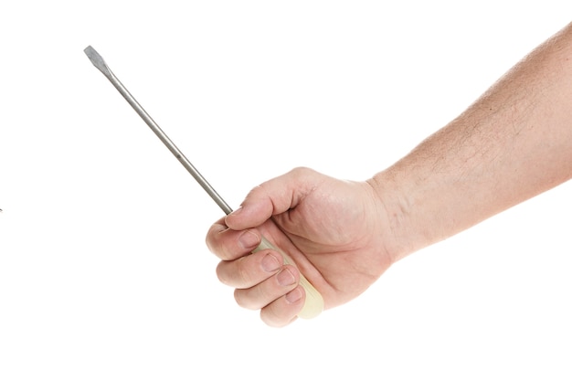 Hand holds a screwdriver on a white background, a template for designers. Close up