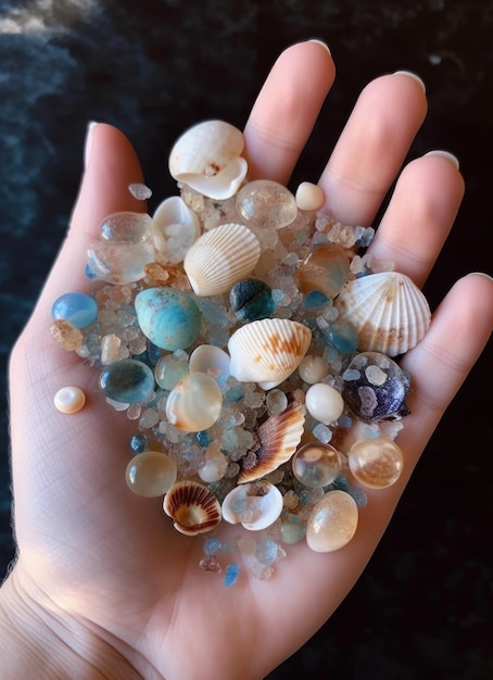 A hand holds a sea shell that is blue and white.