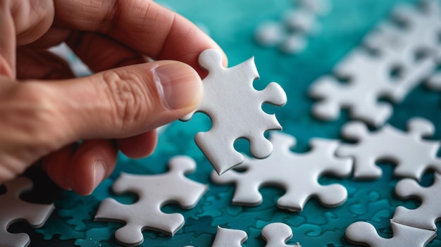 A hand holds a single jigsaw puzzle piece representing concepts of completion solution achievement