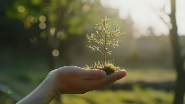 Photo a hand holds a small sapling with delicate leaves surrounded by sunlight symbolizing growth care and a sustainable future