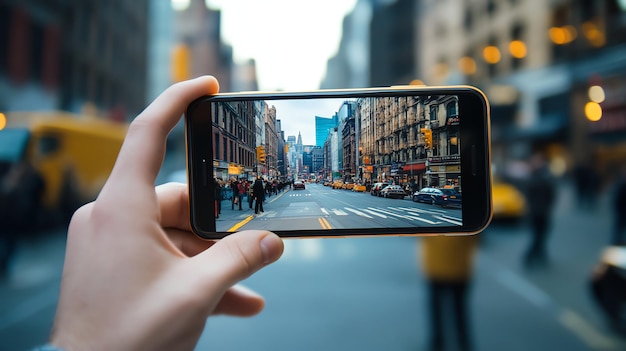 Photo a hand holds a smartphone capturing a cityscape street view