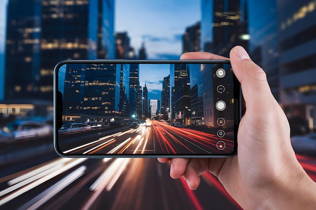 Photo hand holds smartphone capturing twilight cityscape skyscrapers and streets glowing