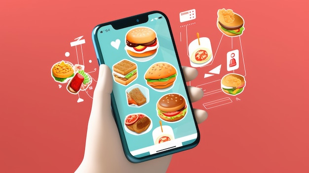 Photo a hand holds a smartphone displaying a food delivery app with various burgers and sandwiches