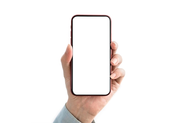 Hand holds smartphone with blank screen display isolated on white background