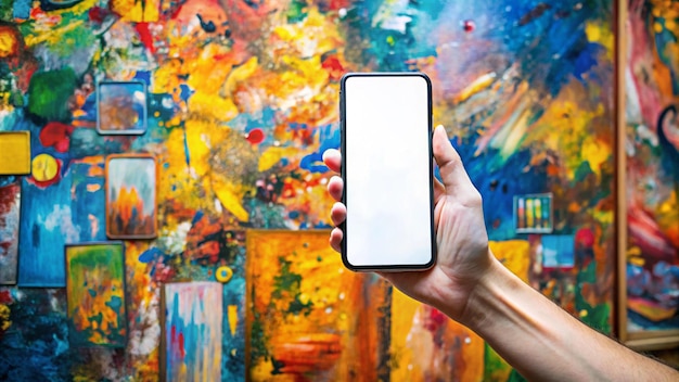 Photo the hand holds a smartphone with a white screen art collage mockup