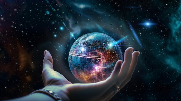 A hand holds a sphere in space